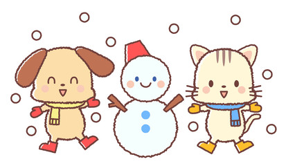 犬　猫　冬　スノーマン　雪