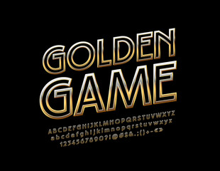 Vector Luxury Emblem Golden Game. Chic bright Font. Glossy Alphabet Letters, Numbers and Symbols.