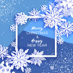 Merry Christmas and Happy New Year Greetings card. White Paper cut snowflakes. Origami Decoration background. Seasonal holidays. Snowfall. Square frame. Winter text. Blue.