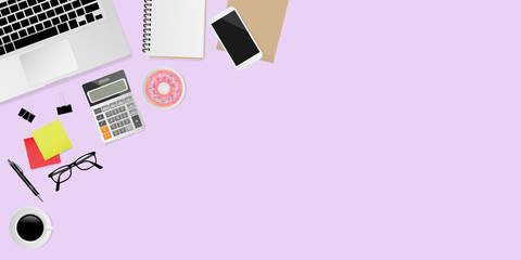Fototapeta na wymiar Office supplies on purple background, top view header. Vector illustration