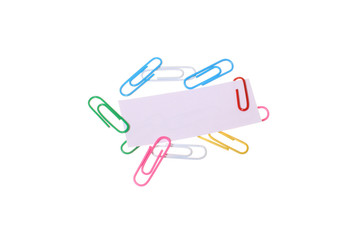 Blank card with paper clips on a white isolated background. Place for text. Template.