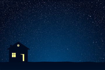 Starry Blue Nighy Sky Shining Stars Alone House.