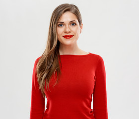 portrait of happy woman in red.