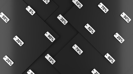 Discounts and sales for shops and goods. Black background with percent signs.