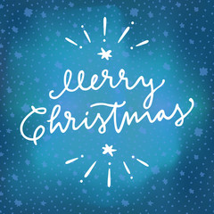 Merry Christmas quote calligraphic greeting card on winter sky northern lights background with stars
