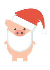 Pig Santa, Kalus. A pig in the form of a Santa in a santa hat with a beard. Cartoon, vector