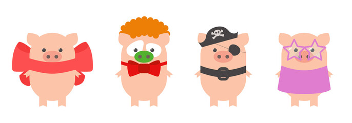 Pig set is a holiday. Pig in carnival costumes. Pig in a suit of a pirate, clown, disco, with a bow. Cartoon, vector