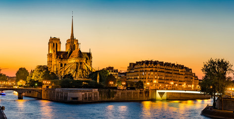 Notre Dame cathedral at sunset in Paris, France, panorama