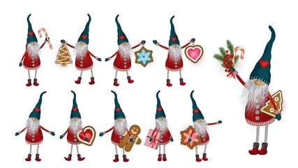 Fototapeta premium Christmas Elf with gifts, cookies and sweets, set. Scandinavian folk character, Vector illustration