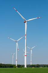 Wind turbines in a rural area seen in Germany