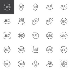 360 degrees outline icons set. linear style symbols collection, line signs pack. vector graphics. Set includes icons as Angle 360 degrees video panoramic view, rotation arrows, virtual reality gaming