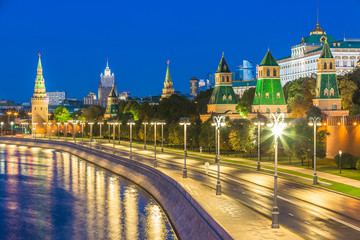 Kremlin palace and Moscow river at night,  Moscow, Russia.
