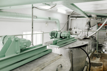 Production of milk and yogurt at the plant. Metal units and tanks for storage and transportation.