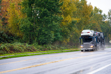 Fototapeta na wymiar Big rig car hauler semi truck transporting cars on two levels semi trailer on the wet road in rain