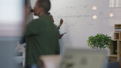 african american business people meeting in boardroom creative team leader businessman presenting corporate lecture showing colleagues information on whiteboard training students in startup office