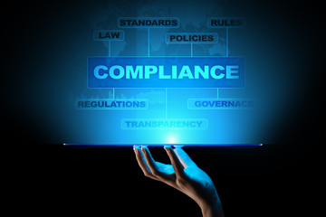 Compliance concept with icons and text. Regulations, law, standards, requirements, audit diagram on virtual screen.