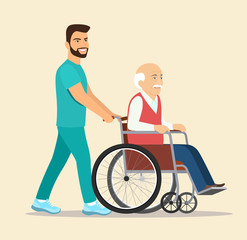 Nurse strolling with elder grey haired man in wheelchair. Vector flat style illustration