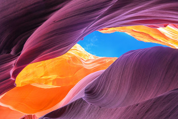Beautiful view of Antelope Canyon sandstone formations in famous Navajo Tribal national park near...