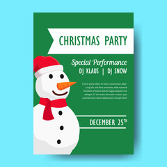 Christmas party poster template with snowman on green background . vector illustration