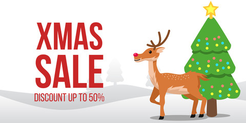 Christmas sale banner template with reindeer. vector illustration.cartoon.style