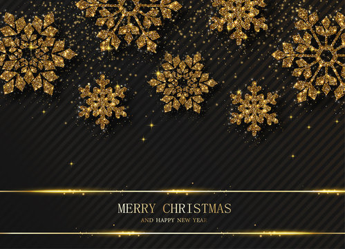 Merry Christmas and Happy New Year greeting card with golden shiny snowflakes.