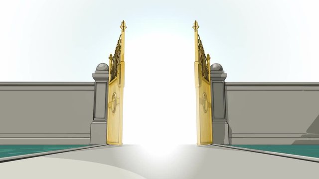 A cartoon vector animation of heavens golden gates opening to an ethereal light on plain background