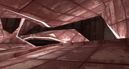 Abstract room interior of sheets rusted metal . Architectural background. 3D illustration and rendering