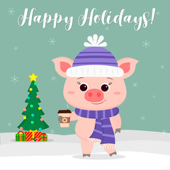 New Year and Christmas card. Cute pig in a hat and scarf holding a glass of coffee on the background of winter and snowflakes. Christmas tree and gifts. Vector, cartoon style