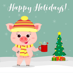 New Year and Christmas card. Cute pig in a hat and scarf holding a cup of cocoa and marshmallows on a background of winter and snowflakes. Christmas tree and gifts. Vector, cartoon style