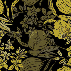 Golden daffodils and tulips blooming at night. 