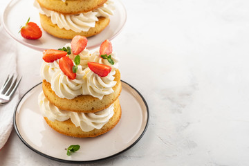 Strawberry cake with vanilla cream on white background. Copy space.