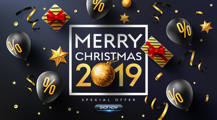 Merry Christmas 2019 Promotion Poster or banner with balloons,gift box,golden ribbon and confetti.Promotion or shopping template for Christmas and new year. 2019.Vector EPS10