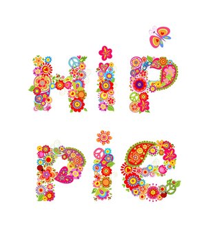 Colorful hippie lettering print with colorful abstract flowers and hippy peace symbol for t shirt design