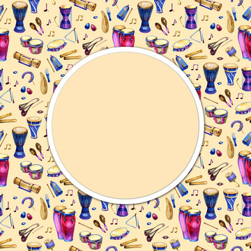 White round background with musical percussion instruments. Watercolor music illustration. Frame.