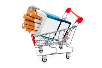 Cigarettes pack in shopping cart