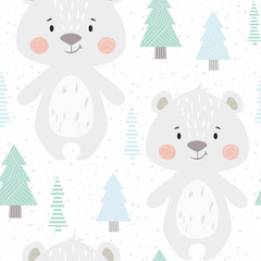 Bear baby winter seamless pattern. Cute animal in snowy forest christmas print.