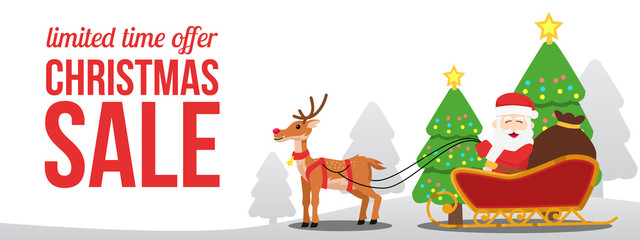 Christmas sale template with santa on the sleigh. vector illustration