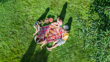 Happy family with children having picnic in park, parents with kids sitting on garden grass and eating healthy meals outdoors, aerial drone view from above, family vacation and weekend concept
