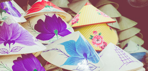 Traditional bamboo hats made on Hue, local market. Souvernir from Vietnam.