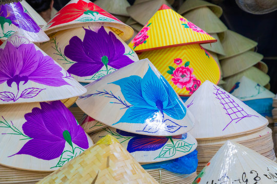 Traditional bamboo hats made on Hue, local market. Souvernir from Vietnam.