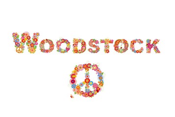 Colorful Woodstock flowers lettering and hippie peace symbol with flower power for t shirt print, party poster and other design on white background