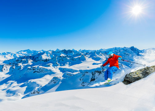 Skiing with amazing view of swiss famous mountains in beautiful winter snow  Mt Fort. The matterhorn and the Dent d'Herens. In the foreground the Grand Desert glacier.