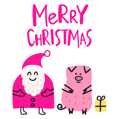 Obraz na płótnie Canvas Merry christmas. Santa claus with pig. Vector lettering hand drawn illustration for greeting card, stickers, t shirt, posters design.