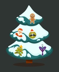 Christmas tree, evergreen pine decorated with garlands and toys vector.