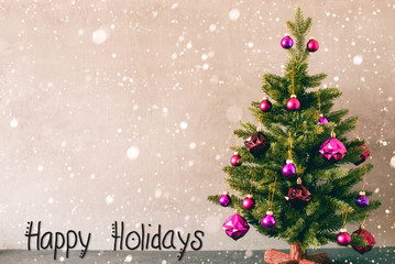 Tree With Purple Balls, Calligraphy Happy Holidays, Snowflakes