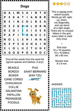 Dogs themed zigzag word search puzzle (suitable both for kids and adults). Answer included.
