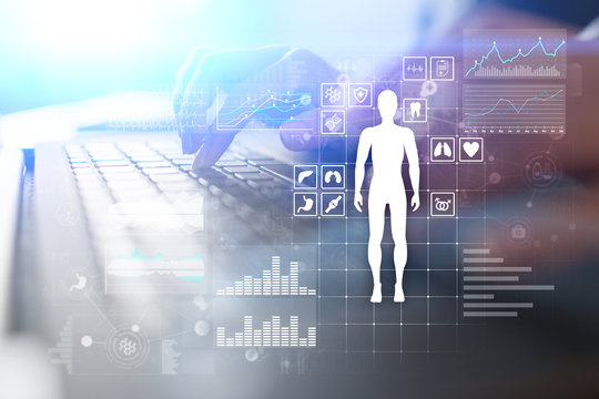 Doctor using modern computer with Medical record diagram on virtual screen concept. Health monitoring application.
