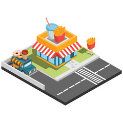 Isometric illustration of fast food restaurant, vector illustration