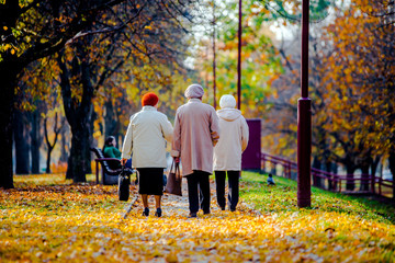 Three elderly women walking in the autumn Park 
