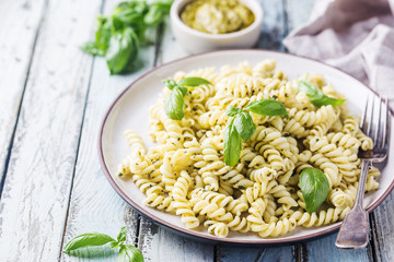 Italian fusilli pasta with pesto